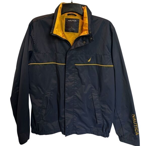 Nautica Men's Windbreaker Jacket Navy Blue with Yellow trim Size Large - Picture 1 of 11